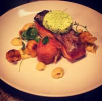 Roast Salmon with Curried Cauliflower, Salmon Fish Cake and Watercress Butter